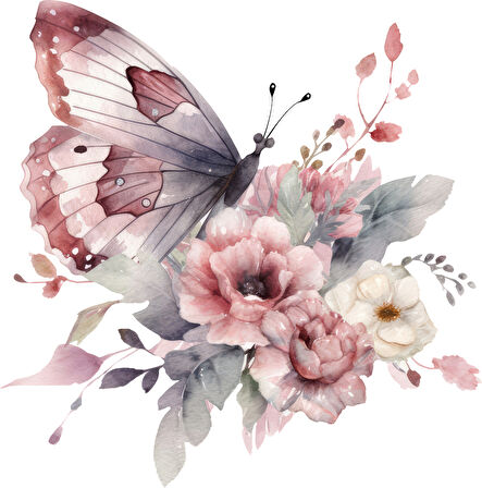 Soluk Pembe Kelebek ve Çiçekler Duvar Stickerı