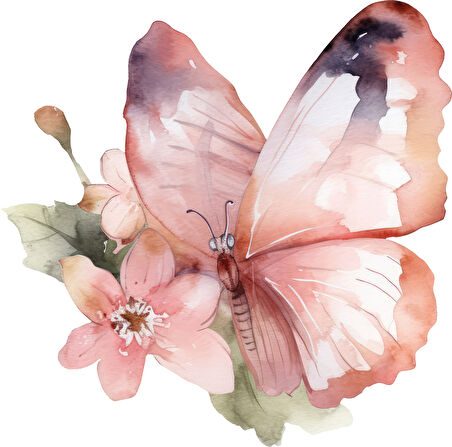 Canlı Pembe Kelebek ve Çiçekler Duvar Stickerı