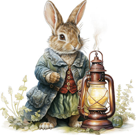 Kıyafetli ve Fenerli Tavşan Duvar Stickerı - Mavi Tonlar