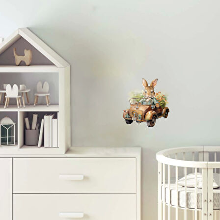 Araba Kullanan Tavşan Duvar Stickerı - Yeşil Kıyafetli