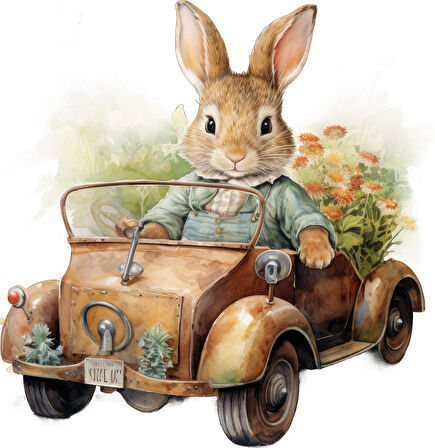 Araba Kullanan Tavşan Duvar Stickerı - Yeşil Kıyafetli