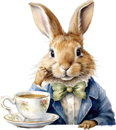 Kravatlı Tavşan ve Çay Fincanı Duvar Stickerı - Yeşil Kravatlı