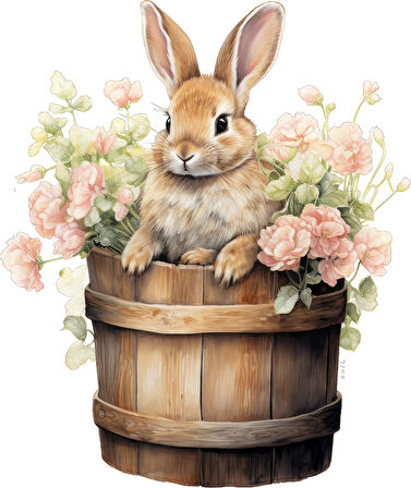 Pembe Çiçekli Kovada Tavşan Duvar Stickerı