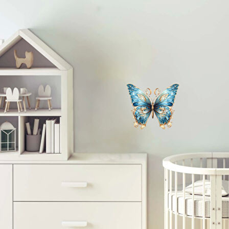 Kıvrımlı Detaylı Mavi Kelebek Duvar Stickerı