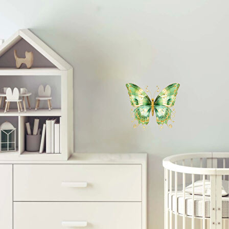 Altın İşlemeli Yeşil Kelebek Duvar Stickerı