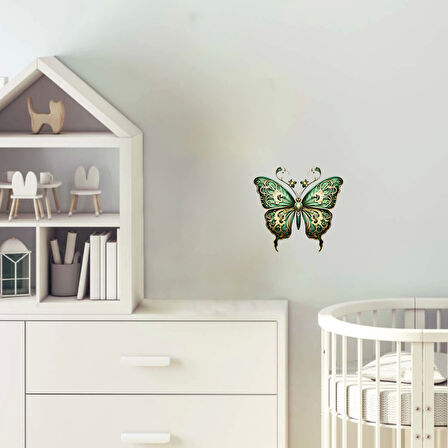 Yeşil ve Altın İşlemeli Kelebek Duvar Stickerı