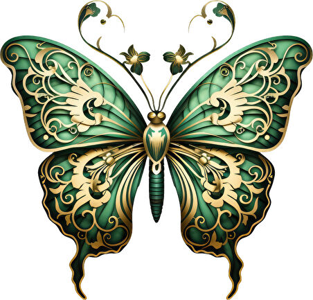 Yeşil ve Altın İşlemeli Kelebek Duvar Stickerı