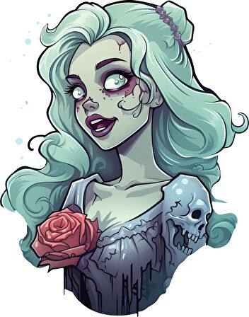 Soluk Tenli Gül ve Kafataslı Zombi Kız Duvar Stickerı