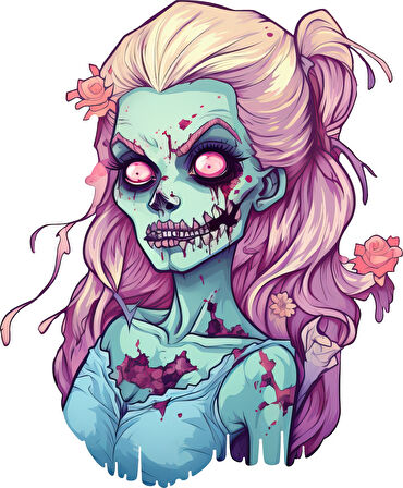Pembe Saçlı Yaralı Zombi Kız Duvar Stickerı