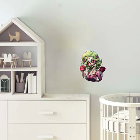 Yeşil Saçlı Pembe Güllü Zombi Kız Duvar Stickerı