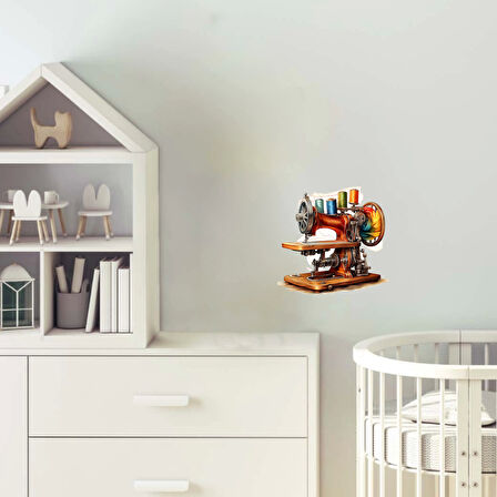 Turuncu Çiçekli Mavi Dikiş Makinesi Duvar Stickerı