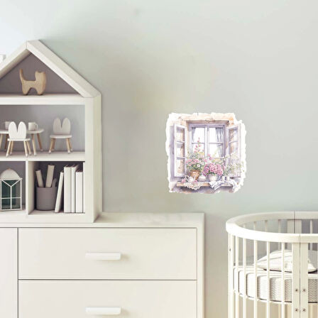 Açık Pencere ve Pembe Çiçekler Duvar Stickerı