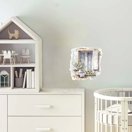 Açık Pencere ve Beyaz Çiçekler Duvar Stickerı