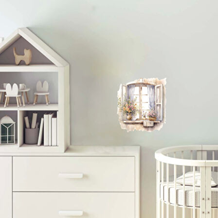 Çiçekli Vazo ve Perde Detaylı Pencere Duvar Stickerı