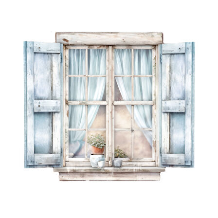 Mavi Panjurlu ve Perdeli Pencere Duvar Stickerı