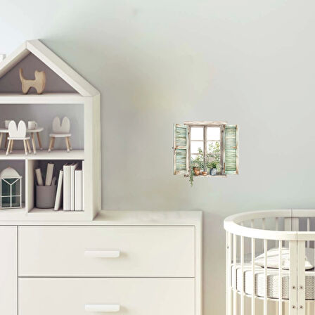 Yeşil Panjurlu ve Bitkili Pencere Duvar Stickerı