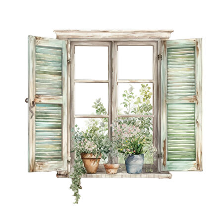 Yeşil Panjurlu ve Bitkili Pencere Duvar Stickerı