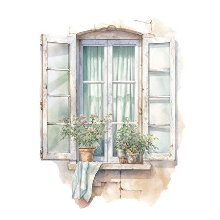 Mavi Panjurlu ve Bitkili Açık Pencere Duvar Stickerı