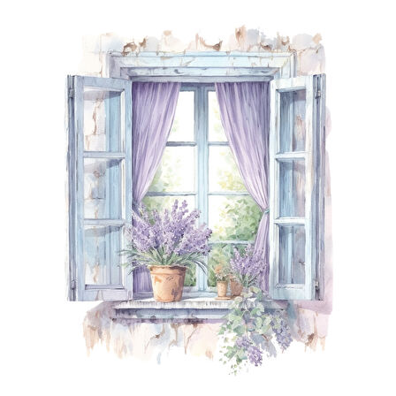 Mor Panjurlu ve Lavanta Saksılı Pencere Duvar Stickerı