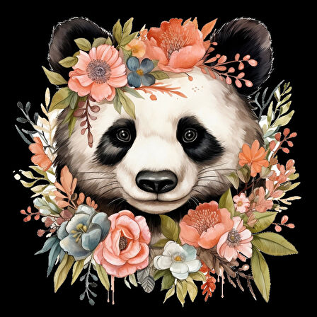 Şeftali ve Mavi Tonlarında Çiçek Taçlı Panda Duvar Stickerı