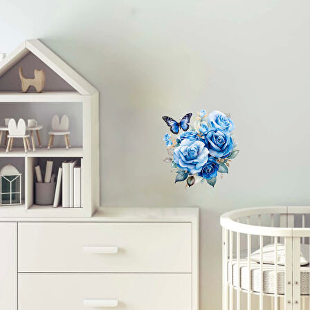 Mavi ve Beyaz Güller ile Kelebekler Duvar Stickerı