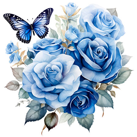 Mavi ve Beyaz Güller ile Kelebekler Duvar Stickerı
