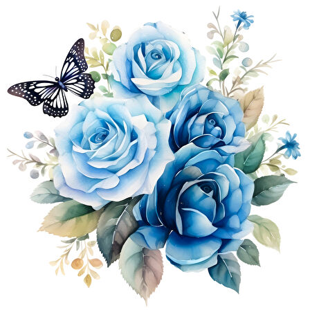 Mavi Güller ve Kelebek Duvar Stickerı (Siyah Detaylı Kelebek)