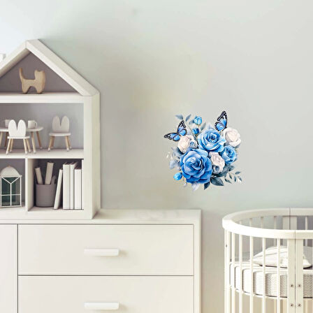 Mavi, Beyaz Güller ve Kelebekler Duvar Stickerı