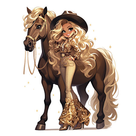 Işıltılı Altın Pantolonlu ve Şapkalı Kovboy Kız Duvar Stickerı