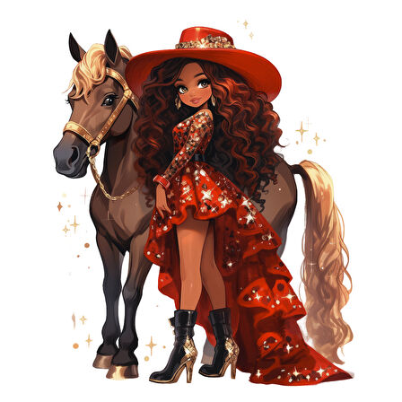 Kırmızı Şapkalı ve Uzun Kırmızı Elbiseli Kovboy Kız Duvar Stickerı