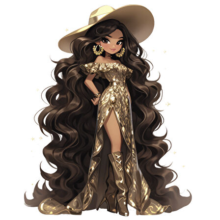 Uzun Altın Elbiseli ve Geniş Şapkalı Kovboy Kız Duvar Stickerı