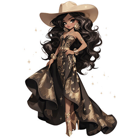 Siyah ve Altın Uzun Elbiseli Zarif Kovboy Kız Duvar Stickerı