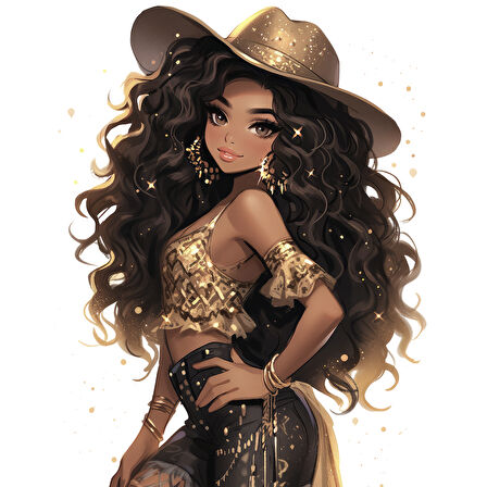 Altın Parıltılı Bluzlu Şık Kovboy Kız Duvar Stickerı