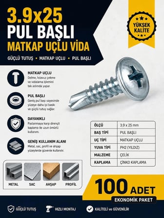3.9x25 RYSB Pul Başlı Matkap Uçlu Akıllı Vida - 100 ADET