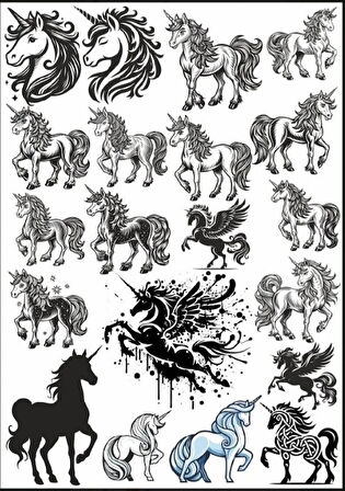 Siyah Beyaz Unicorn Sticker Set