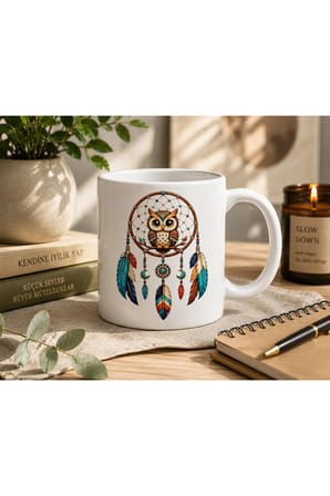 Rüya Kapanı Serisi | Rüya Kapanı & Baykuş Dekoratif Seramik Kupa | Bohem & Spiritüel Tasarım | 300 ML