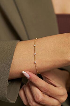 Zirkon Taşlı Gold Üç Taşlı Minimal Gümüş Bileklik