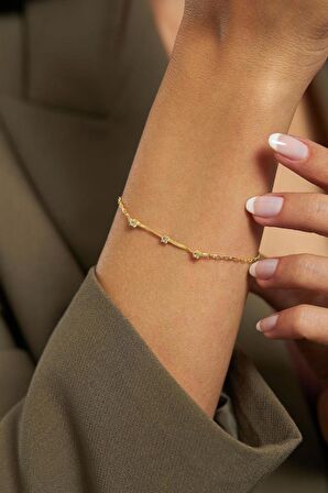 Zirkon Taşlı Gold Üç Taşlı Minimal Gümüş Bileklik