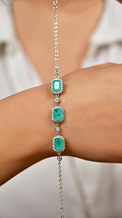 Paraiba Taşlı Rodyum Baget Anturaj Gümüş Bileklik