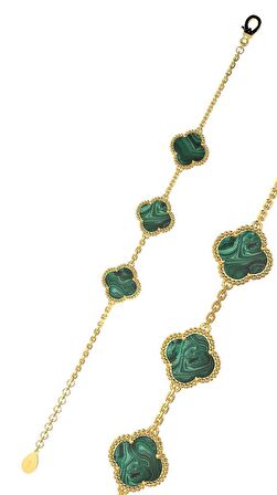 925 Ayar Yeşil Kaplangözü Taşlı Gold Van Cleef Üçlü Yonca Gümüş Bileklik