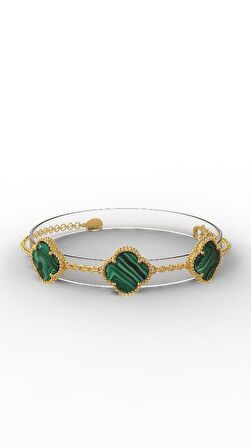 925 Ayar Yeşil Kaplangözü Taşlı Gold Van Cleef Üçlü Yonca Gümüş Bileklik
