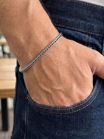 925 Ayar Gümüş Erkek Bileklik - Oksitli El Örgüsü Tilki Kuyruğu Zincir Model