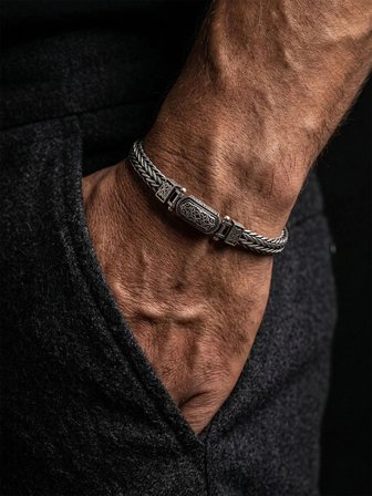 925 Ayar Gümüş Erkek Bileklik - Oksitli Kalın El Örgüsü Balıksırtı Özel Kilitli