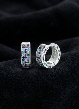 925 Ayar Mix taşlı Rodyum Üç  Sıra Huggie Halka Gümüş Küpe 