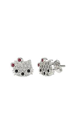 Mix Taşlı Rodyum Hello Kitty Çivili Minimal Gümüş Küpe