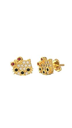 Mix Taşlı Gold Hello Kitty Çivili Minimal Gümüş Küpe