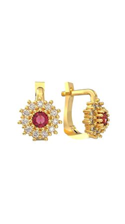 925 Ayar Gümüş Yakut Taşlı Gold Yuvarlak Çocuk Küpesi RE10174