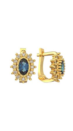 925 Ayar Gümüş Safir Taşlı Gold Oval Çocuk Küpesi