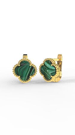 925 Ayar Yeşil Kaplangözü Taşlı Gold Van Cleef Yonca Gümüş Küpe