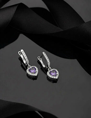 925 Ayar Ametist Taşlı Rodyum Pırlanta Işıltılı Sallantılı Kalp Gümüş Küpe